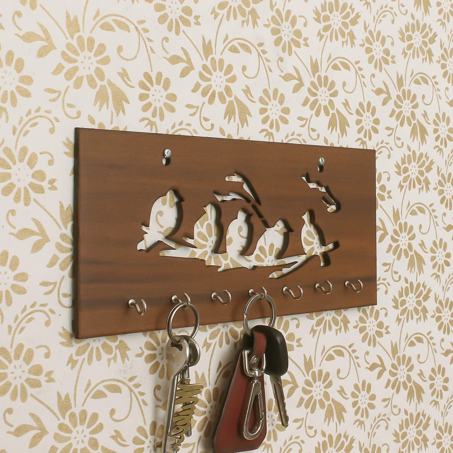 Ecraftindia Brown Birds Sitting on Branches Theme Wooden Key Holder With 7 Hooks
