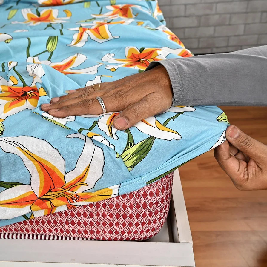 Divine Casa Floret 100% Cotton Double Fitted Bedsheet 144 TC Colour Wildflower Charm