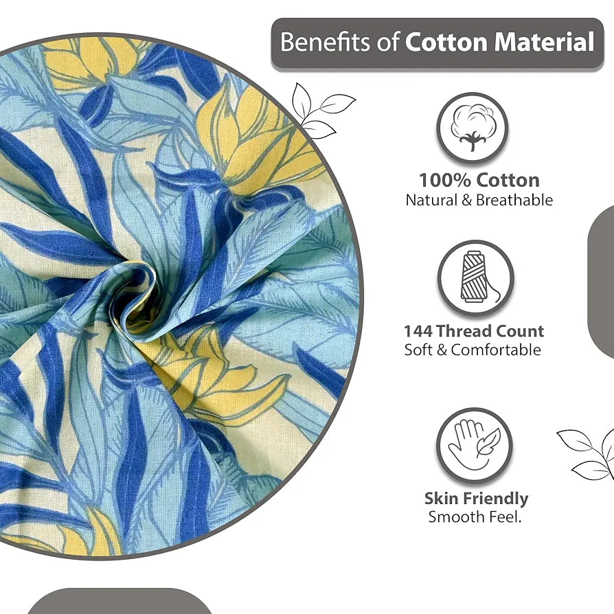 Divine Casa 144 TC 100% Pure Cotton Double Bed Bedsheet with 2 Pillow Covers Tropical Floral Colour Blue Yellow