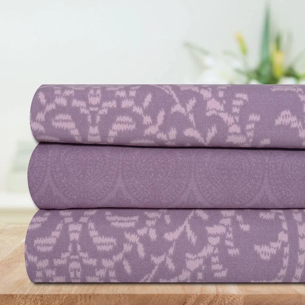 Cloth Fusion Glace Cotton Elastic 186tc Printed Fitted Bedsheet for Double Bed King Size with 2 Pillow Covers Ogee Lavender