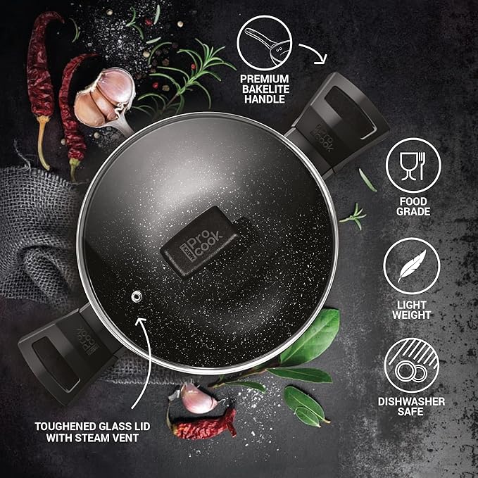 Milton Pro Cook Granito Induction Kadhai With Glass Lid, 30 Cm / 4.9 Litre - 2020 gms