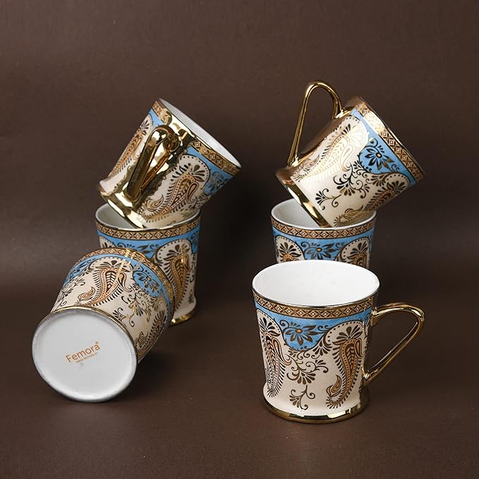 Femora Golden Leaf Tea Mugs, Ceramic Tea Cups, Coffee Mugs | 180 Ml | Golden | 6 Pcs Set | Not Microwave Safe