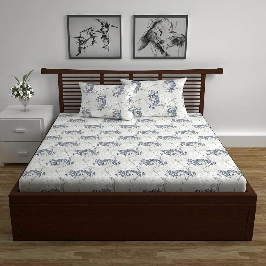Divine Casa 144 TC 100% Cotton Bedsheet for Double Bed with 2 Pillow Cover Colour Grey Blue