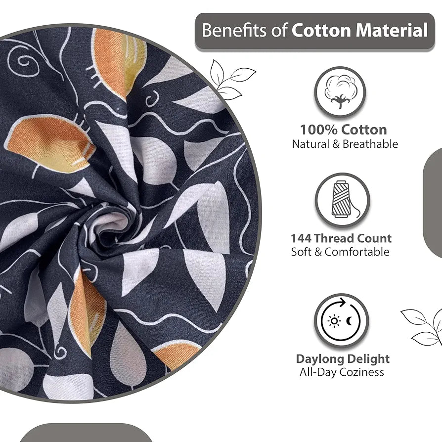 Divine Casa Double Size Bedsheet for Double Bed 144 TC Pure Cotton Queen Size with 2 Pillow Covers Floral Colour Navy & Orange