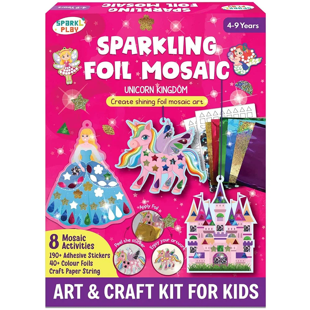 SparkLPlay Foil Art & Craft Kit for Girls | DIY Mosaic with 8 Danglers, 40+ Foils & 190+ Stickers | Princess Unicorn Foil Fun | Gift for Girls Ages 4–9 | Creative Toy | Unicorn Kingdom