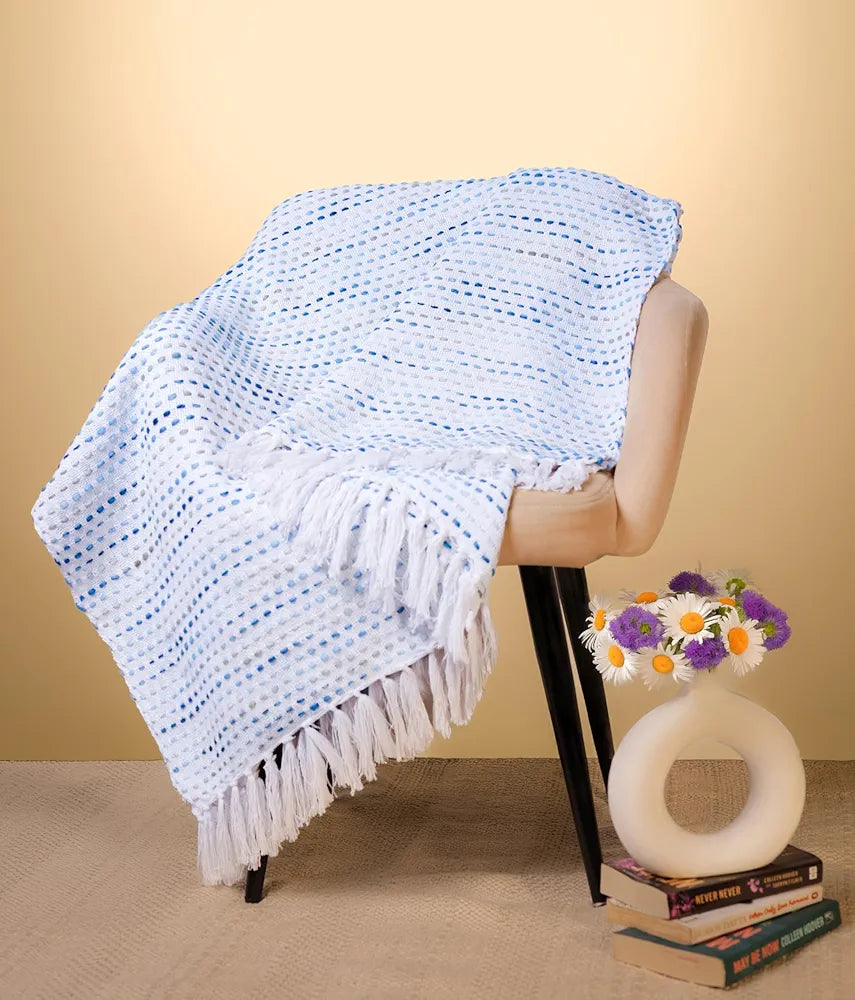 Sajavat Home Hand Knitted Pure Cotton 3 Seater Sofa Throw Colour Multi Blue