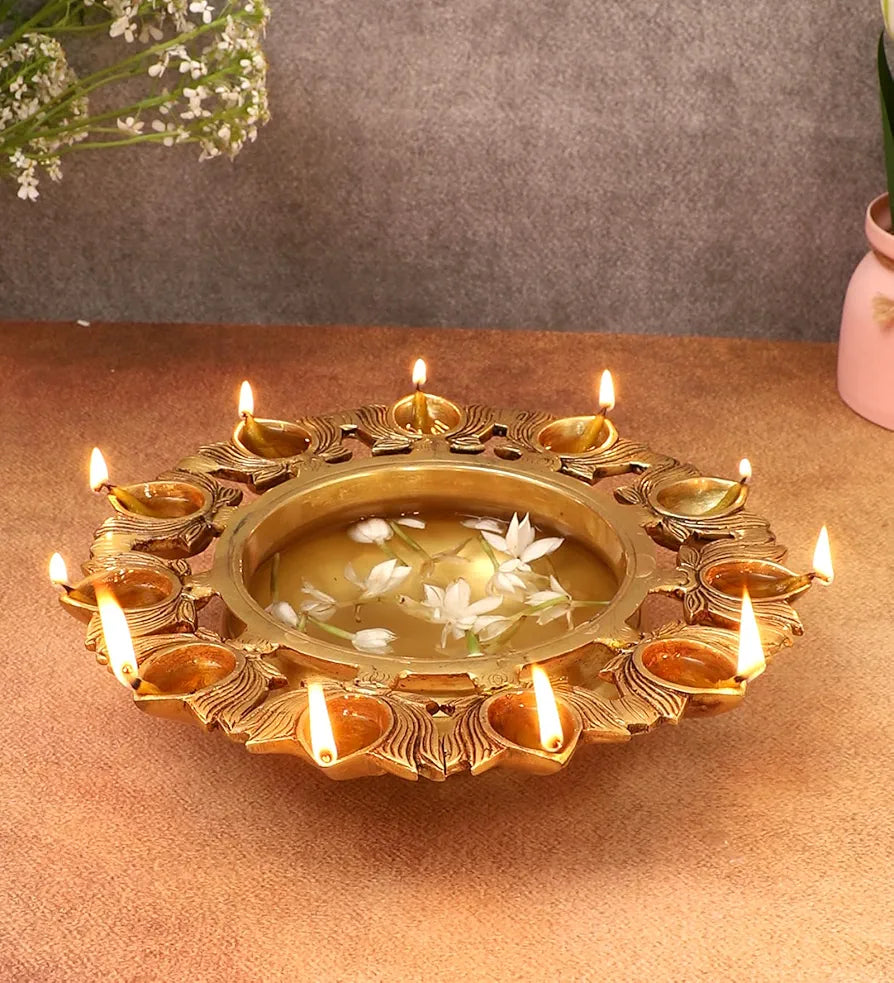Two Moustaches 9.5 Inches Brass Urli Bowl with Lotus Design 11 Diyas Urli for Flowers
