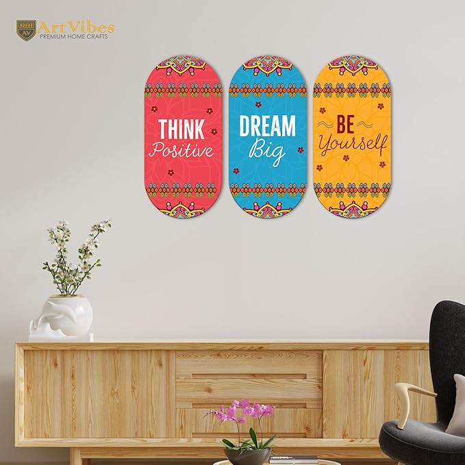 Artvibes Positive Quotes Printed Wooden Wall Hanger for Home | Set of 3