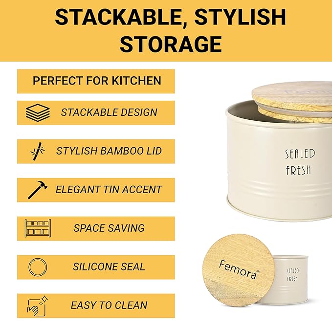 Femora Kitchen Storage Jars Tin Jar With Wooden Lid Air Tight Jar | 300 Ml | Pack of 2