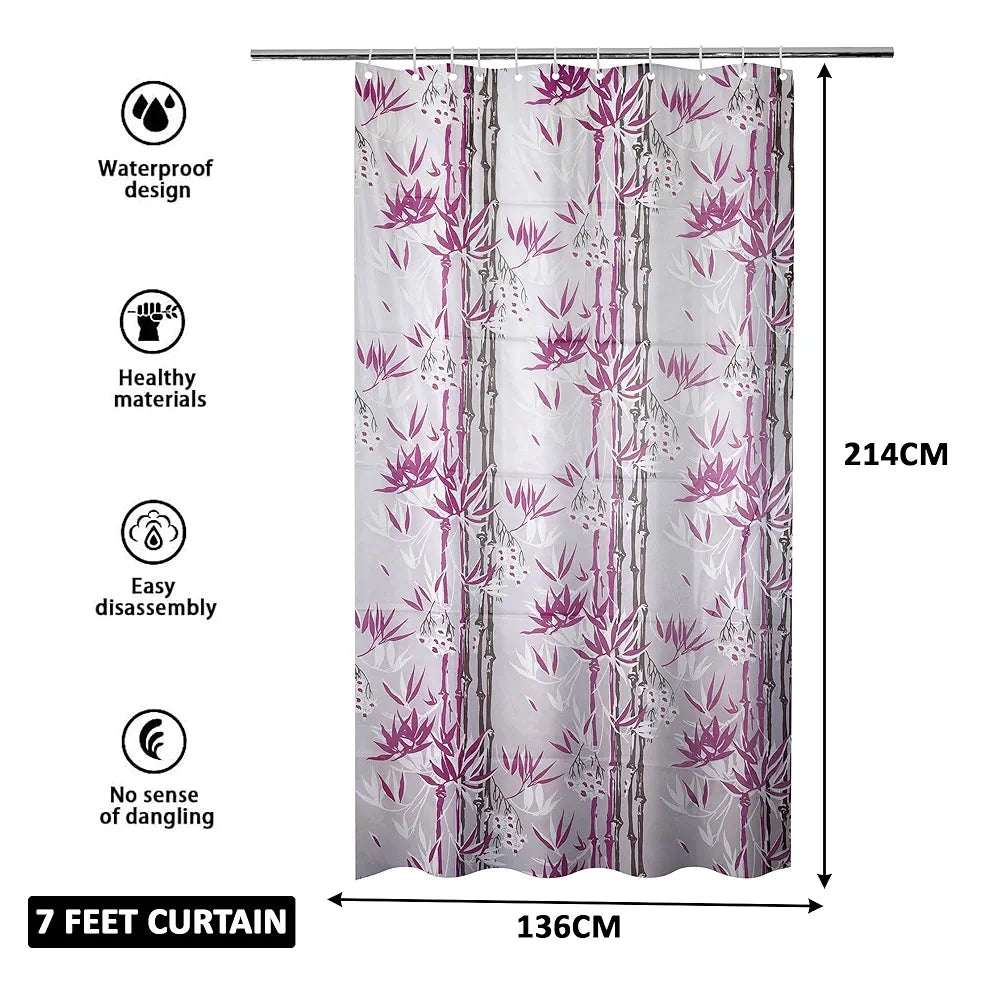 Kuber Industries Shower Curtain Bathroom Shower Curtain 8 Rings Curtain Bamboo Print Purple