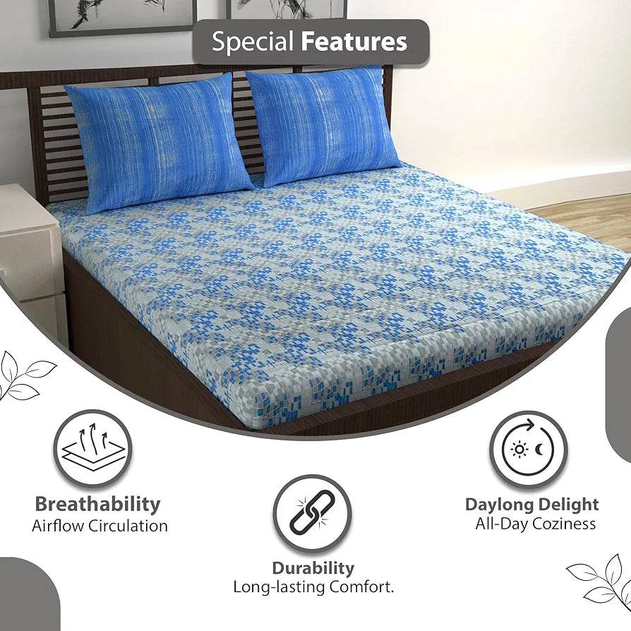 Divine Casa 144 TC 100% Pure Cotton Queen Size Double Bed Bedsheet with 2 Pillow Covers  Geometric Pixel Colour Blue White
