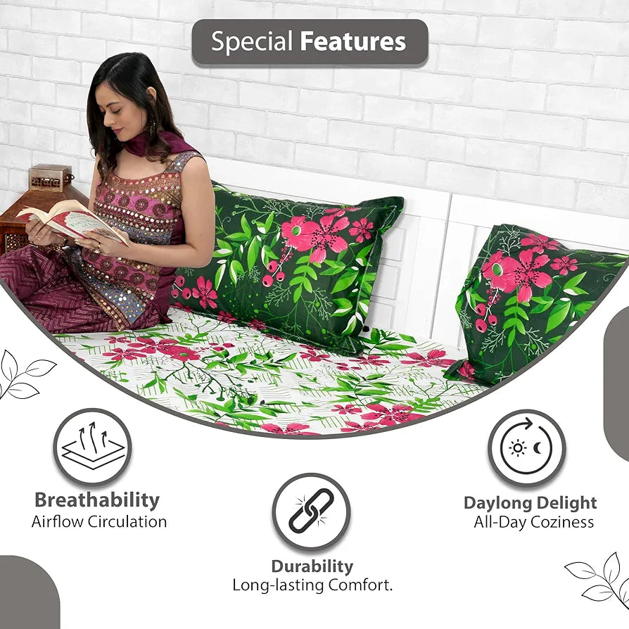 Divine Casa Bedsheet for Single Size Bed 144 TC Cotton Bedsheet for Single Size Bed with 1 Pillow Cover  Floral Colour Mint Pink