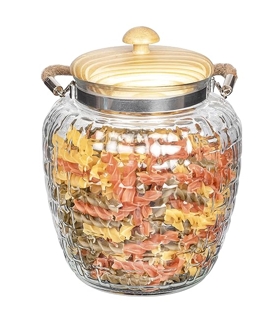 Femora Kitchen Storage Jars Embossed Glass Jar With Wooden Lid & Jute Chain Air Tight Jar | 2000 Ml | Pack of 1 Jar