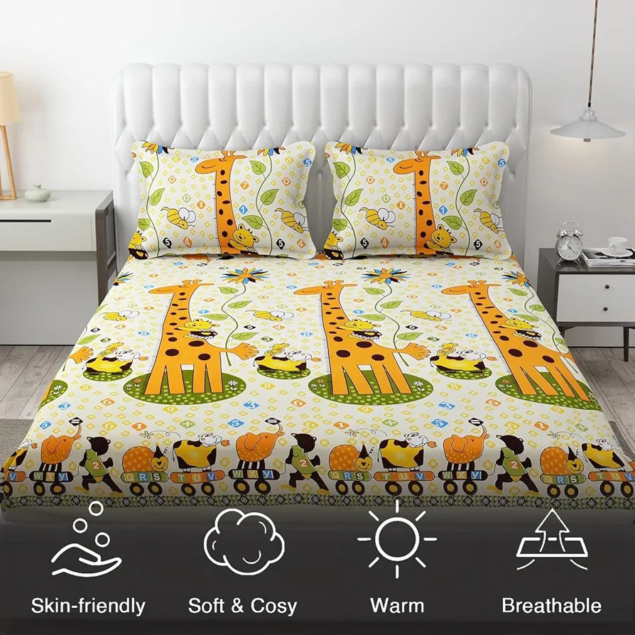 Fresh From Loom Bed Sheet Cartoon Printed Double Bed King Size Kids Bedsheet Yellow 144 TC Cream and Yellow