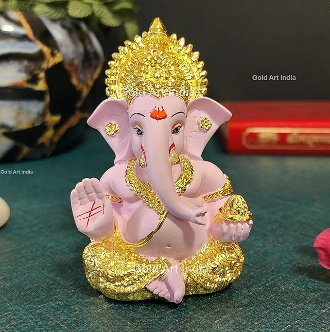 Gold Art India Gold Plated Ganesha with Terracotta Colour Perfect for Car Dashboards (MukutGoldPink)