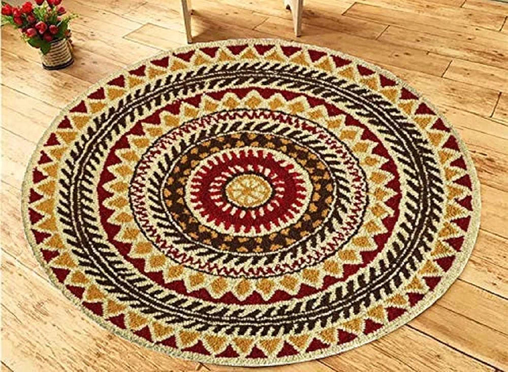 The Home Talk Tufted Round Wool Carpet Anti-Skid Backing Area Rugs for Living Room 3 Diameter Multi Rangoli