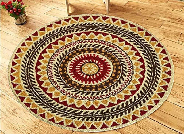 The Home Talk Tufted Round Wool Carpet Anti-Skid Backing Area Rugs for Living Room 3 Diameter Multi Rangoli