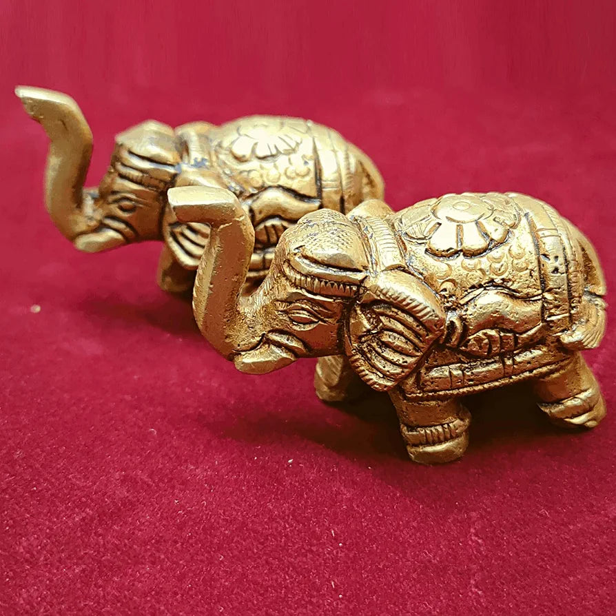 anciently Brass Elephant Pair Showpiece for Home Decor | Elephant Idols for Pooja Room, Brass, Height 4CM, Gold Colour, 2 Piece