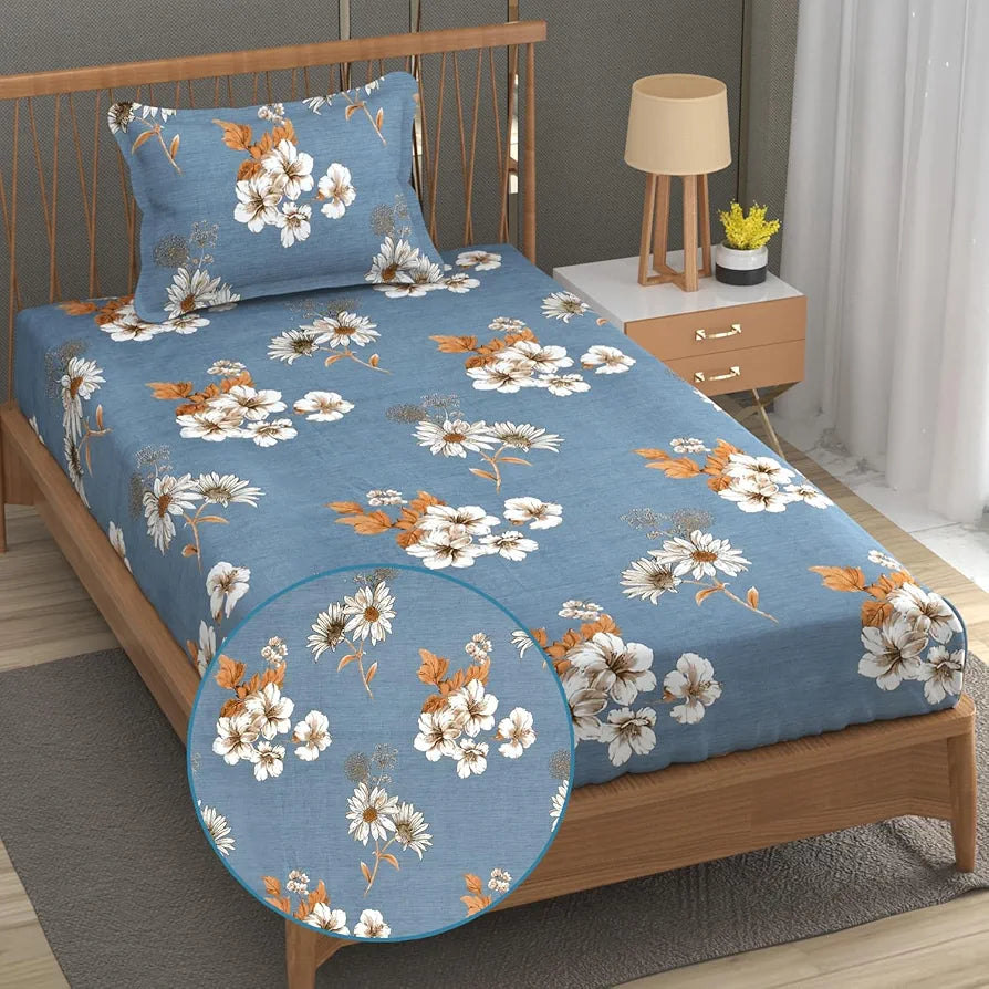 Fresh From Loom Floral Print Single Bed Bedsheet Set Microfiber 240 TC 1 Pillow Covers Soft-Cyan