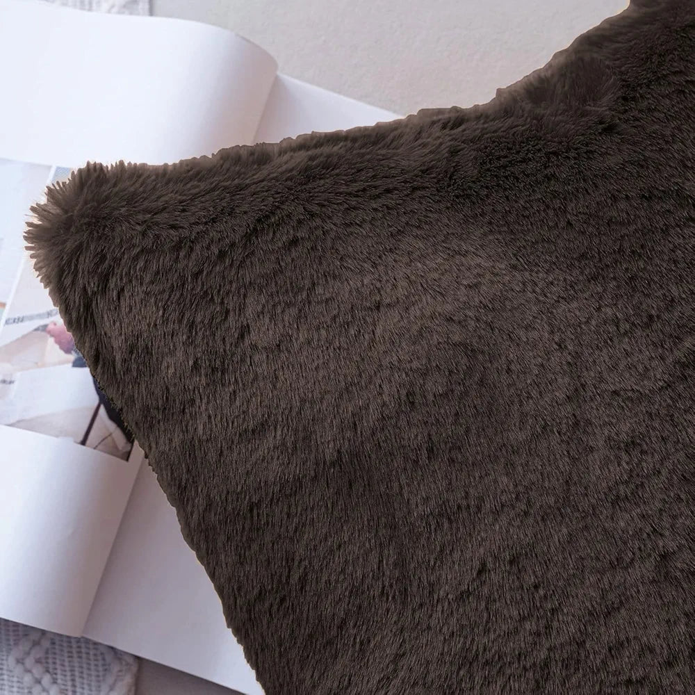 Luxe Home Cushion Cover Duble Side Rabbit Fur Plain Design Covers Set of 2 for Sofa Colour Chocolate