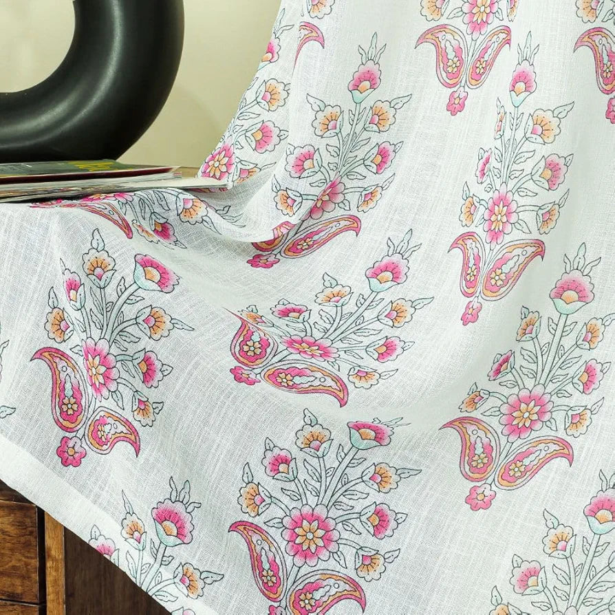 Homadorn Linen Sheer Printed Semi Transparent Curtains for Window Set of 2 Fuchsia fusion