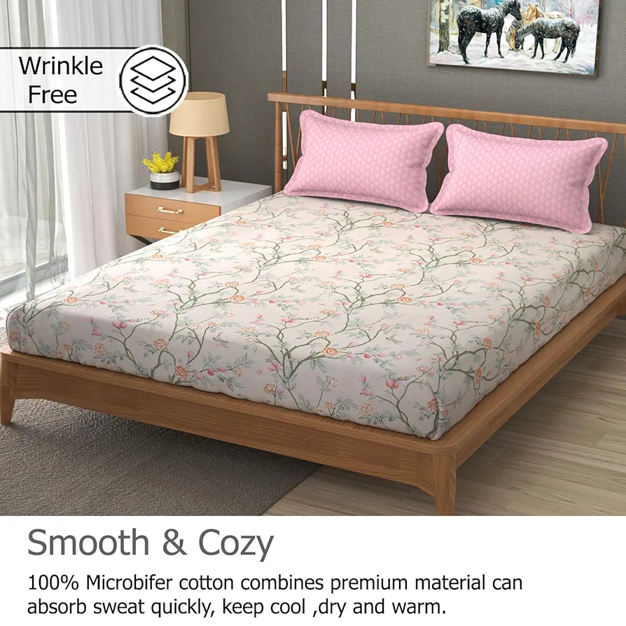Fresh From Loom Floral XXL Microfiber Soft Cotton King Size Bedsheet for Double Bed 2 Pillow Cover 240 TC King Size Soft Bed Sheet Oyster Pink