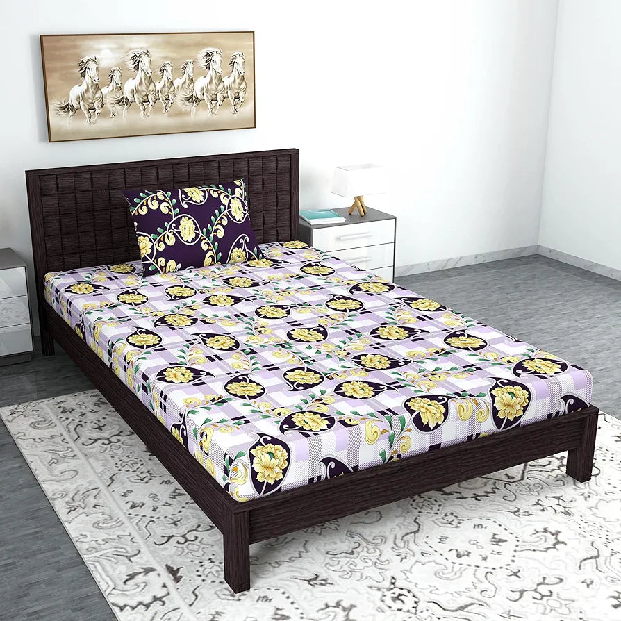 Divine Casa 144 TC 100% Cotton Bedsheet for Single Bed Floral Print with 1 Pillow Cover Colour Royal Lilac