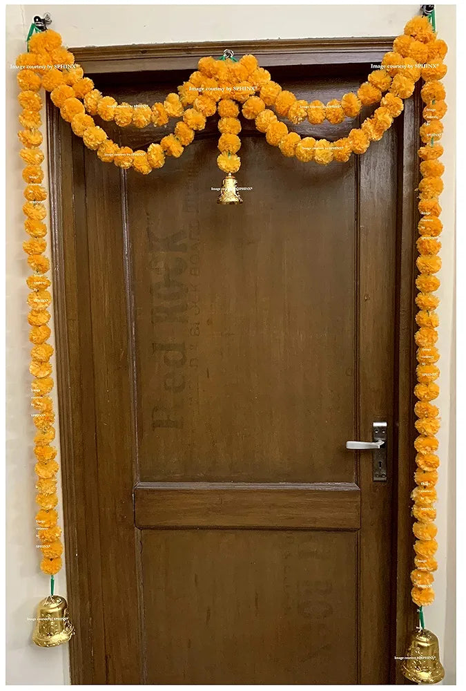 Artificial Marigold Flower Door Toran for Decoration Fluffy Genda Phool Hanging Light Orange