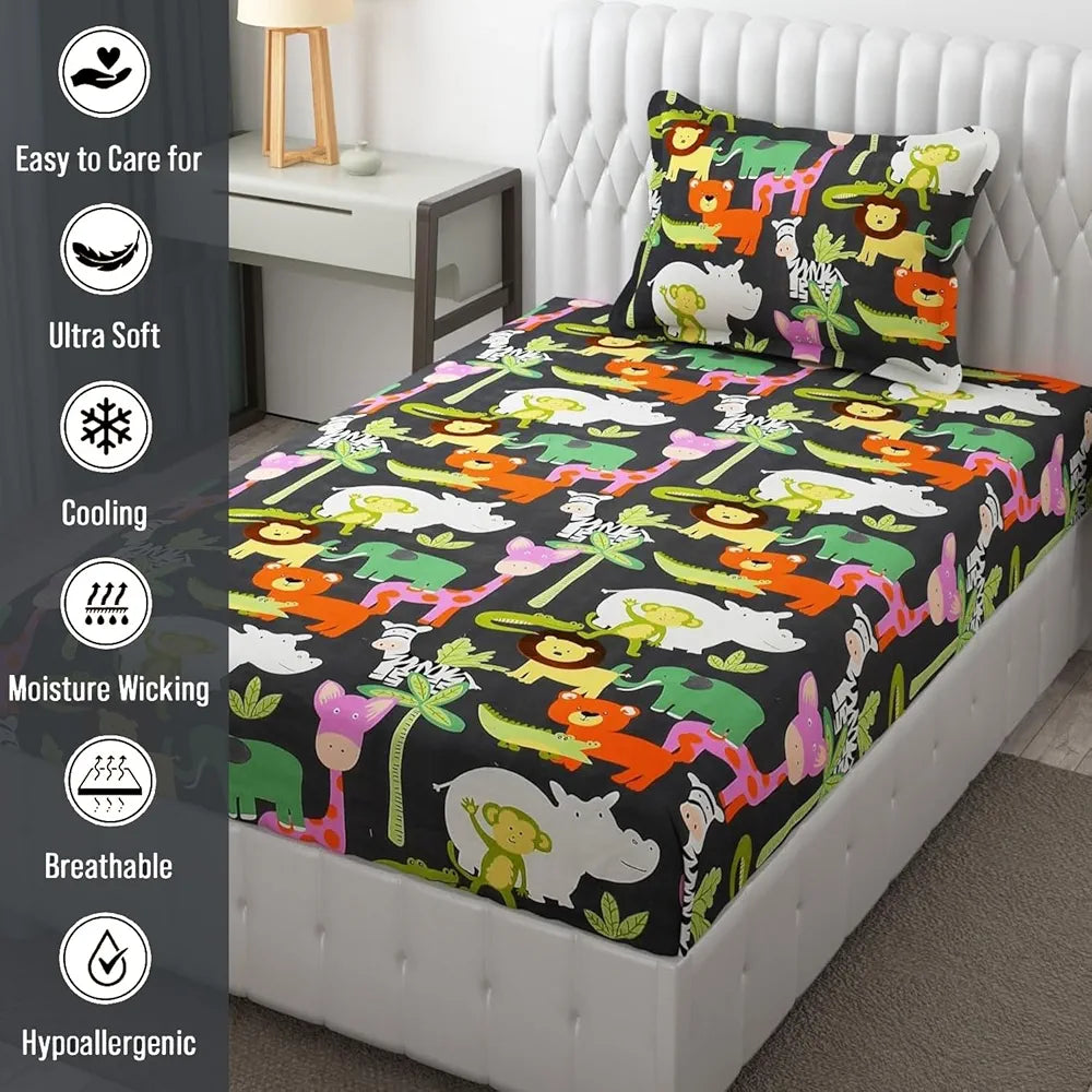 Fresh From Loom Glace Cotton Elastic Fitted Bed Sheet with 1 Pillow Cover Cartoon Printed Bedsheet Black Animal 300 TC Multicolor