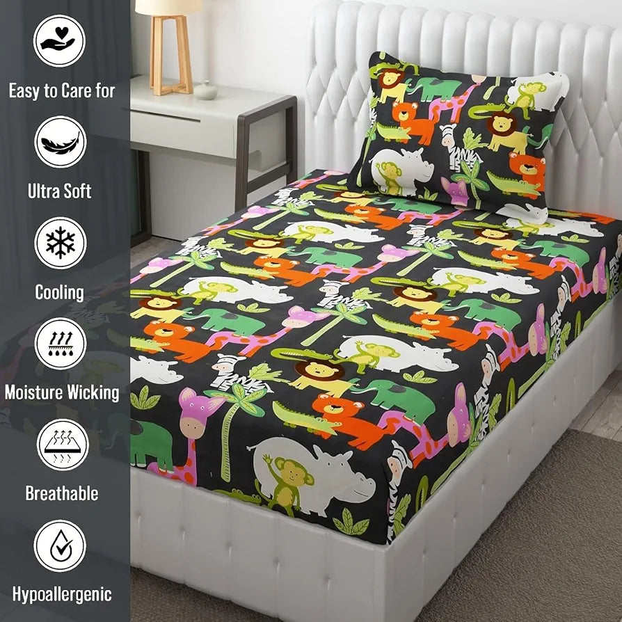 Fresh From Loom Bed Sheet Cartoon Printed Single Bedsheet Bedsheet for Kids Room with 1 Pillow Cover Multicolor 144 TC