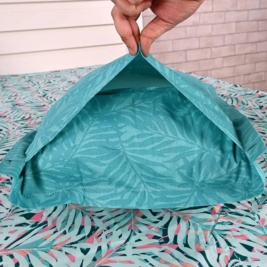 Divine Casa 144 TC 100% Cotton Double Bedsheet with 2 Pillow Covers Tropical Leaf Colour Light Blue Pink