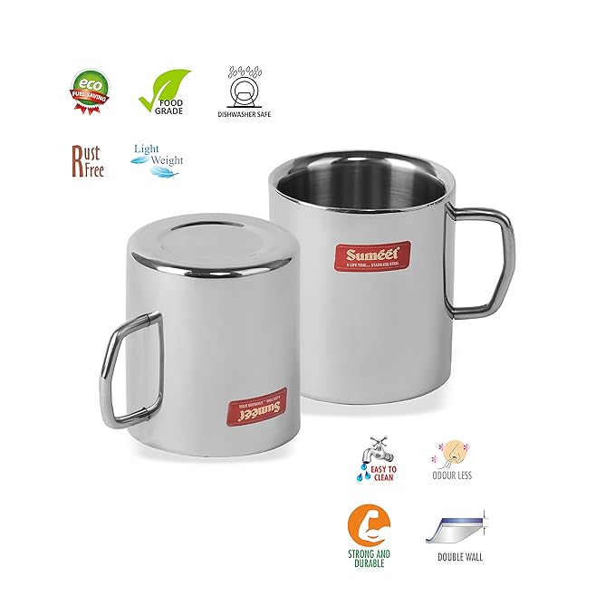 Sumeet Stainless Steel Double Wall Tea and Coffee Big Mug Set of 2Pcs (300 ml Each)