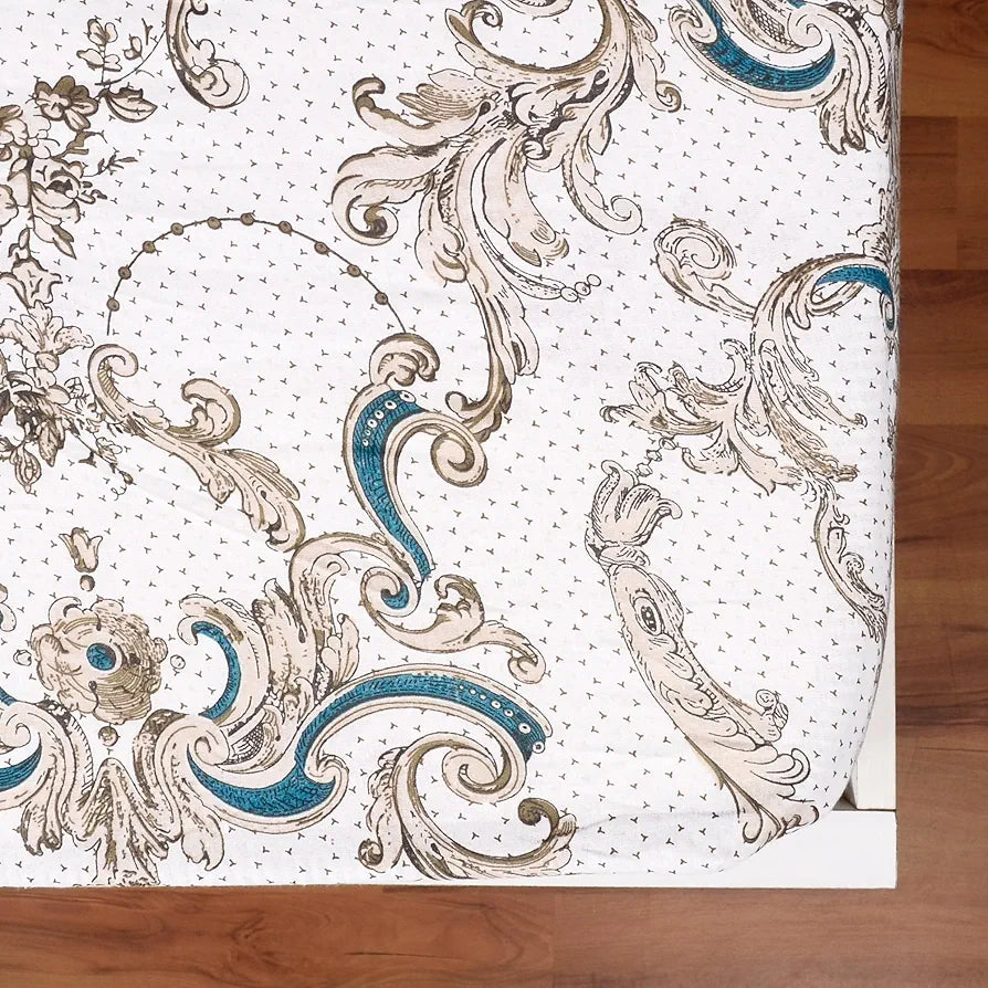 Divine Casa White and Grey Floral Pattern 144 TC 100% Cotton Elastic Fitted Printed Queen Size Double Bed Bedsheet with 2 Pillow Cover Colour Tiger's Eye