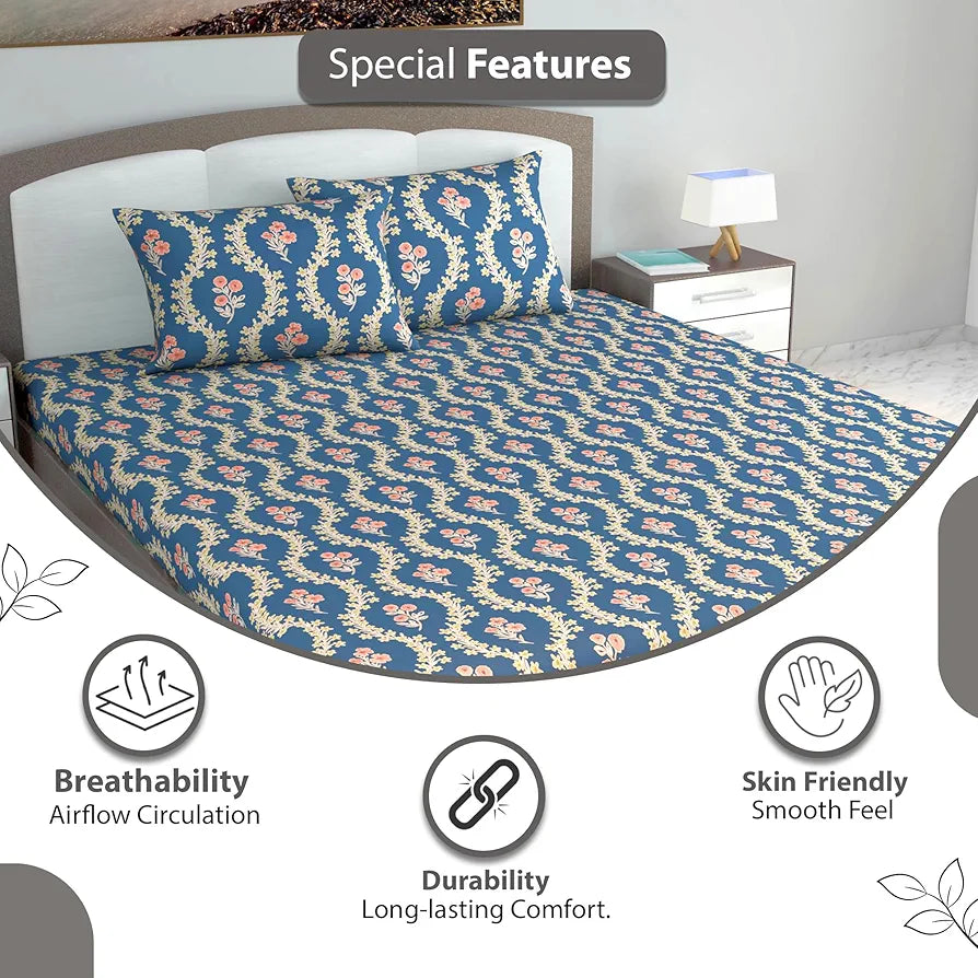 Divine Casa 144 TC Cotton Blue Super Soft King Size Bedsheet Every Day Use King Size Bedsheets Colour Minakari Navy