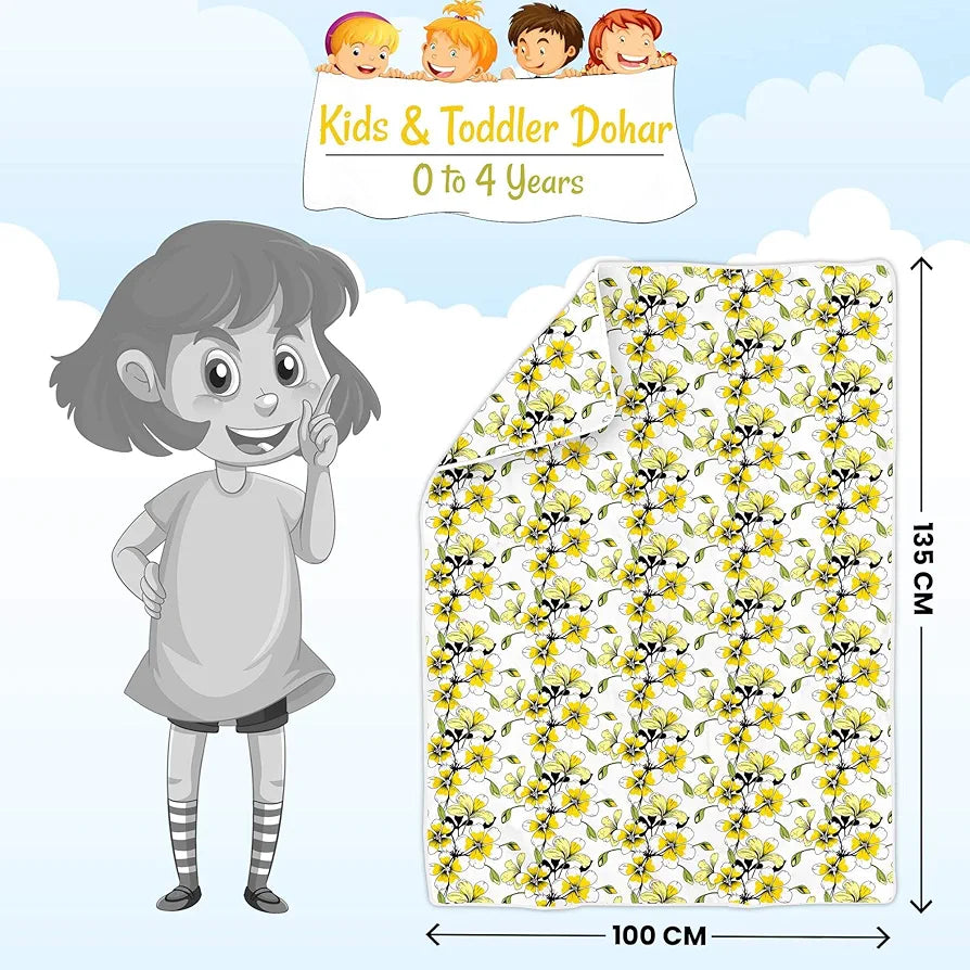 Divine Casa Floret 100% Cotton Single Kids Dohar 120 GSM Soft & Lightweight Throw Blanket Colour Daffodil Yellow