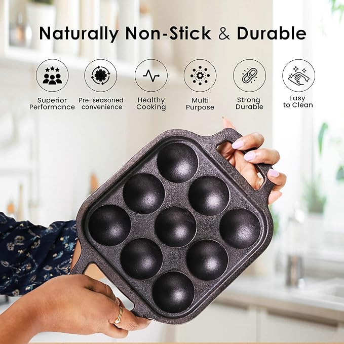 Solara Pre Seasoned Cast Iron Paniyaram Pan 9 Cavities 20 Cm Appam Patra, Paniyarakkal Pan | Cast Iron Cookware