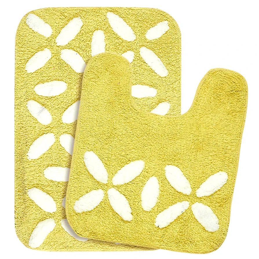 Saral Home Cotton Rectangular Bathmat With Contour Mat Colour Yellow