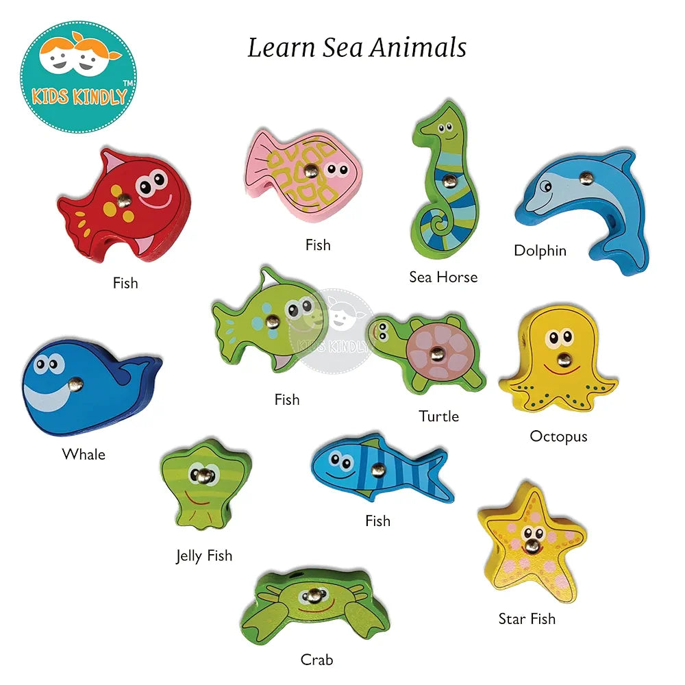 KIDS KINDLY Wooden Magnetic Fishing Game for Kids, Thread Lacing Activity, Promotes Fine Motor Skills, Improve Hand-Eye Coordination, Increases Attention, Fish Catching Game for Kids - 3 Years+