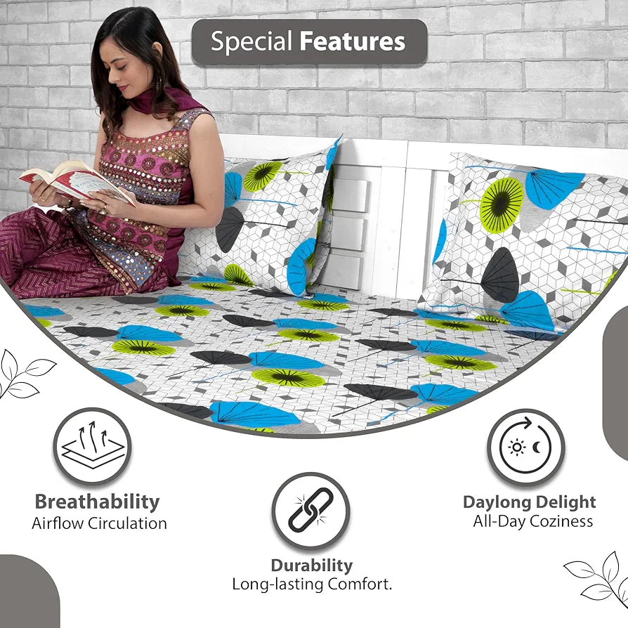 Divine Casa 144 TC 100% Cotton Bedsheet for Double Bed with 2 Pillow CoverColour Green & Blue