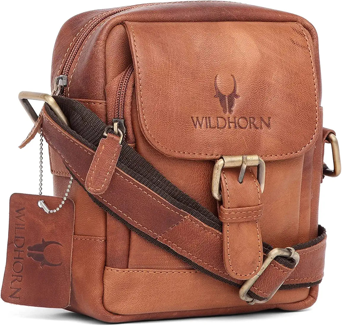 WildHorn Leather Sling Messenger Bag for Men I Multipurpose Crossbody Bag I Travel Bag with Adjustable Strap I Utility Bag I Dimension : L-6 inch W-2.7 inch H-8.5 inch