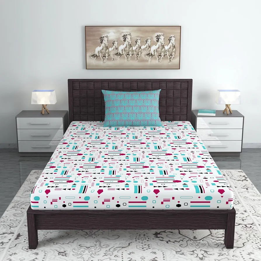 Divine Casa 144 TC Cotton Bedsheet for Single Bed with 1 Pillow Cover Colour Teal & White