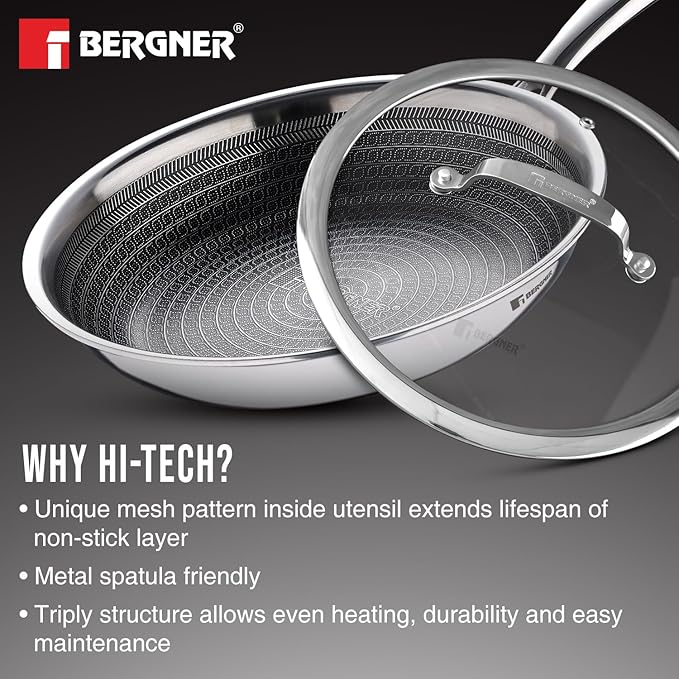Bergner Hitech Triply Non-Stick 28 cm Frypan with Glass Lid