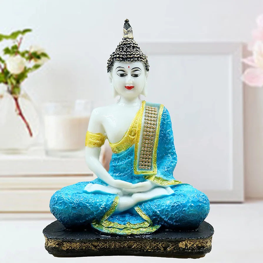 Jaipur Ace Meditating Buddha Polyresin Idol Showpiece White Sky Blue