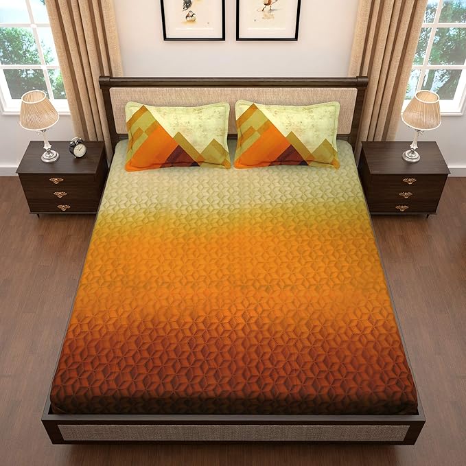 Story@Home Tevel Collection King Size Bedsheet Cotton with Two Pillow Covers, Mustard and Brown Colour