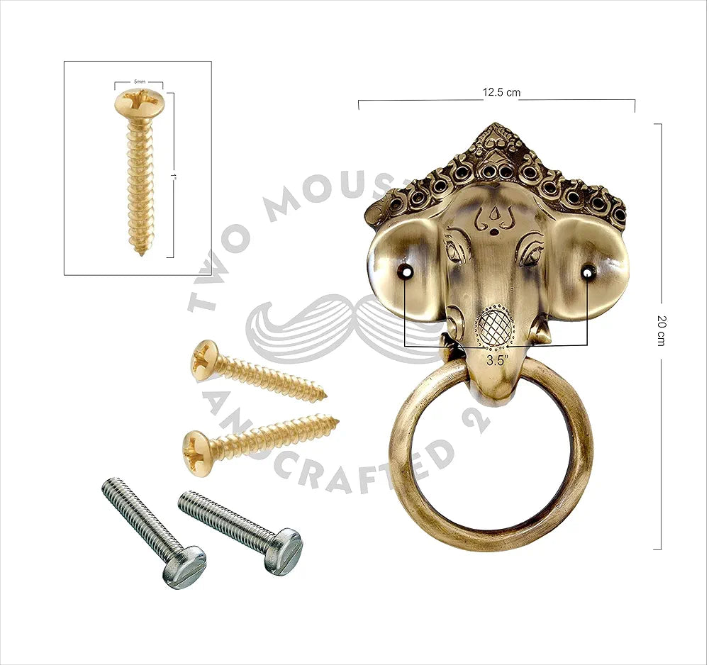 Two Moustaches Brass Ganesha Mask Door Knocker Antique Brown