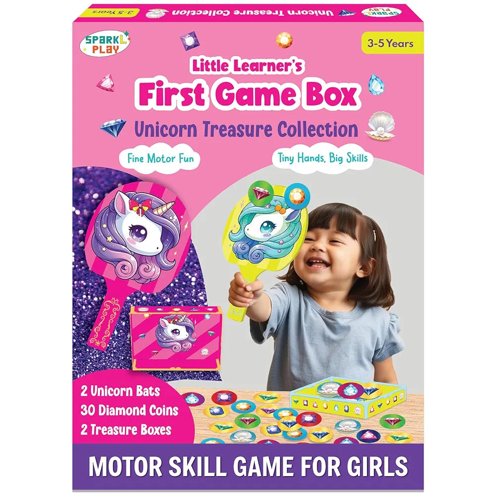 SparkLPlay Unicorn Treasure Game for Girls Ages 3–5 | Fine Motor Skill Toy with 2 Bats, 30 Diamond Coins & 2 Treasure Boxes | Educational Birthday Gift for Toddlers