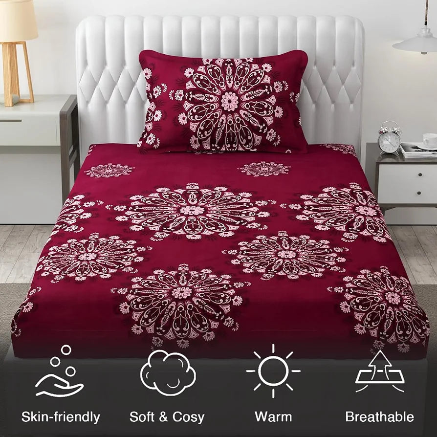 Fresh From Loom Floral Single Bedsheet Size Microfiber Bedsheet Set-Printed Hypoallergenic Wrinkle Free with 2 Pillow Covers 144 TC Wine