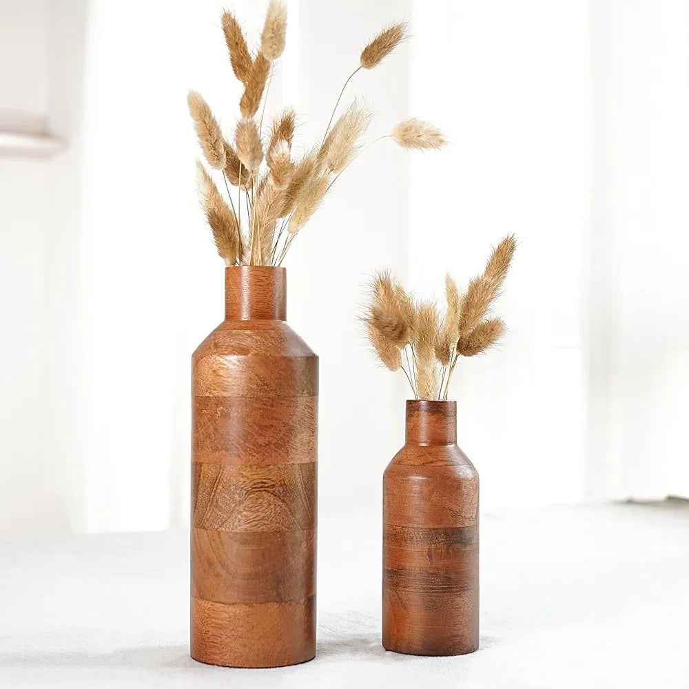 Behoma Wooden Flower Vase Set of 2 Bottle Shape Mango Wood Vases Walnut Dark Brown Flowers not Included