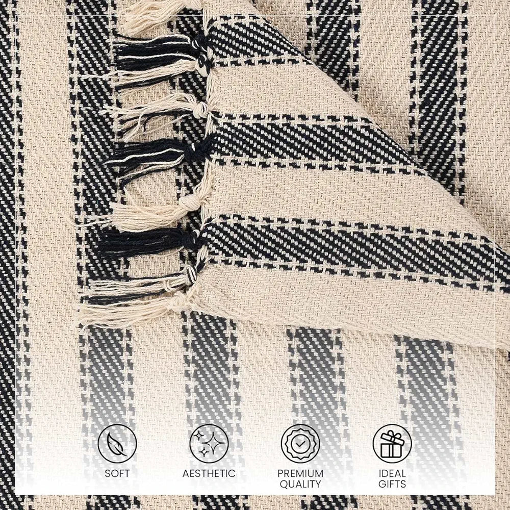 Sashaa World Striped Sofa Throw Medium with Tasselled Edges Colour Navy Striped