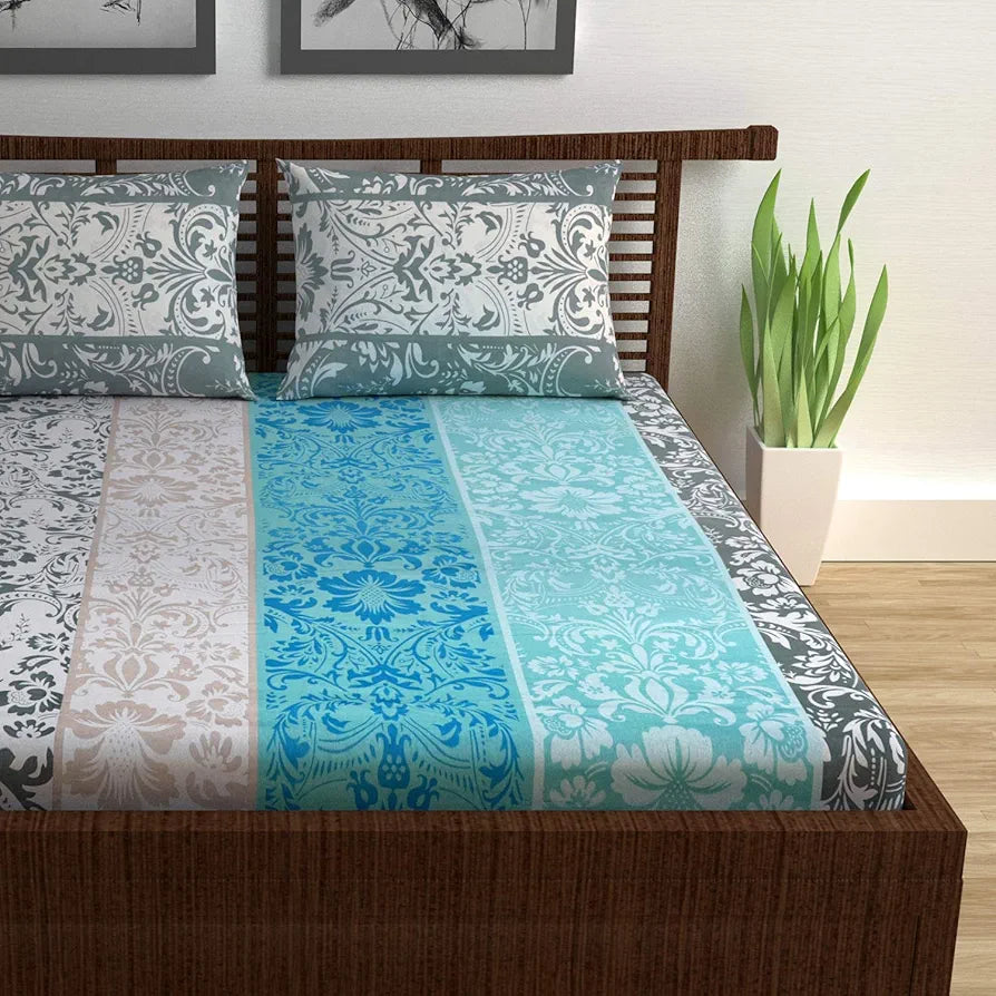 Divine Casa Double Size Bedsheet for Double Bed 144 TC Pure Cotton Queen Size with 2 Pillow Covers Floral Colour Grey & Blue